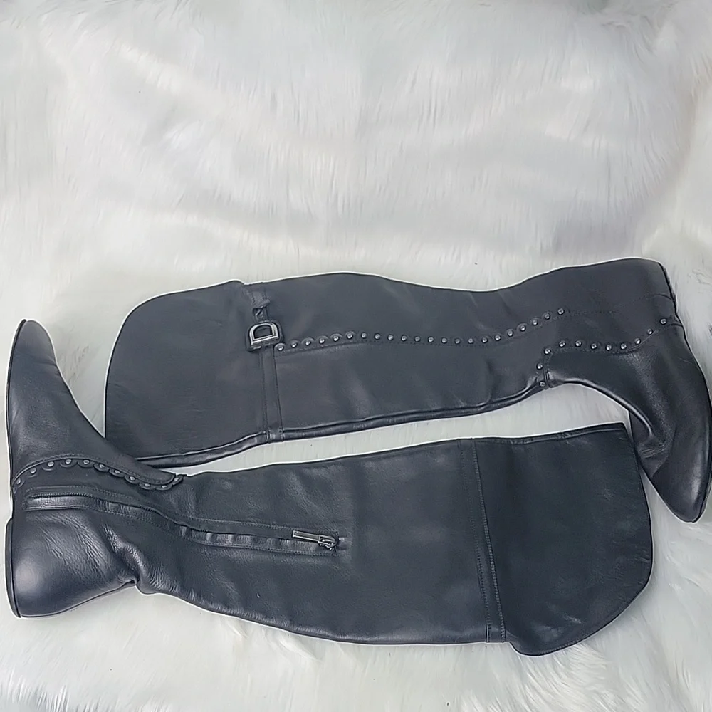 DIOR Agneaua Over The Knee Black Leather Designer Biker VTG Riding Flat Boots 40